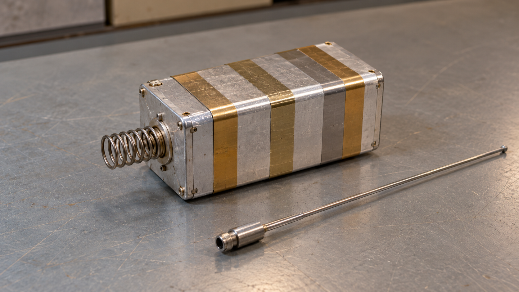 Historical reconstruction of an OSCAR I type satellite box with thermal tape, separation spring, and detached antenna on a workbench.