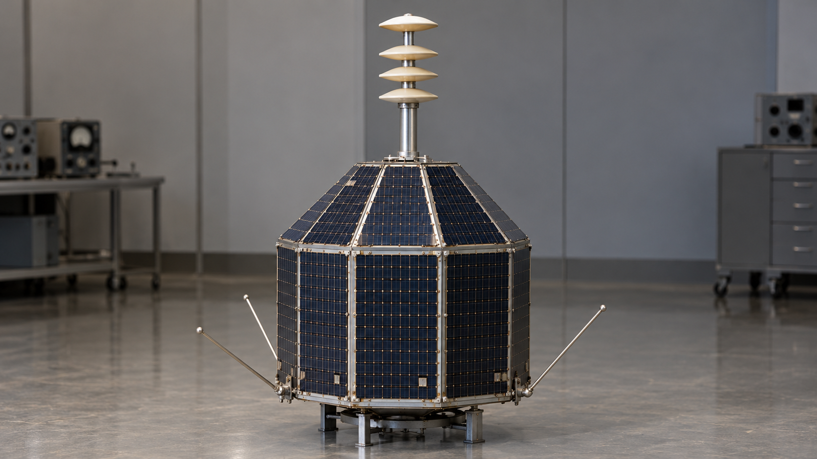 Historical reconstruction of the Relay 1 communications satellite with solar-cell-covered body, antenna mast, and telemetry rods.