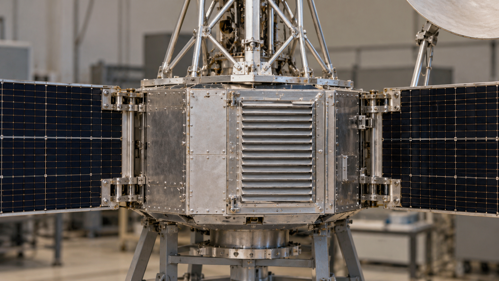 Historical reconstruction of Mariner 2 central equipment bus, thermal louvers, solar-panel roots, and vertical lattice support.