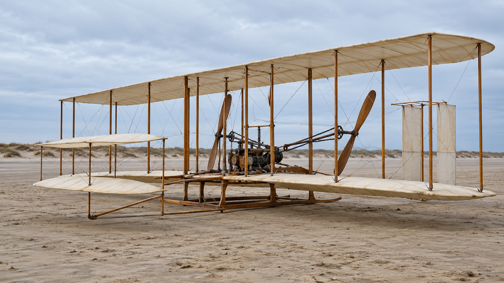 Historical reconstruction of the empty 1903 Wright Flyer resting on sand, with fabric biplane wings, forward elevator, and twin pusher propellers.