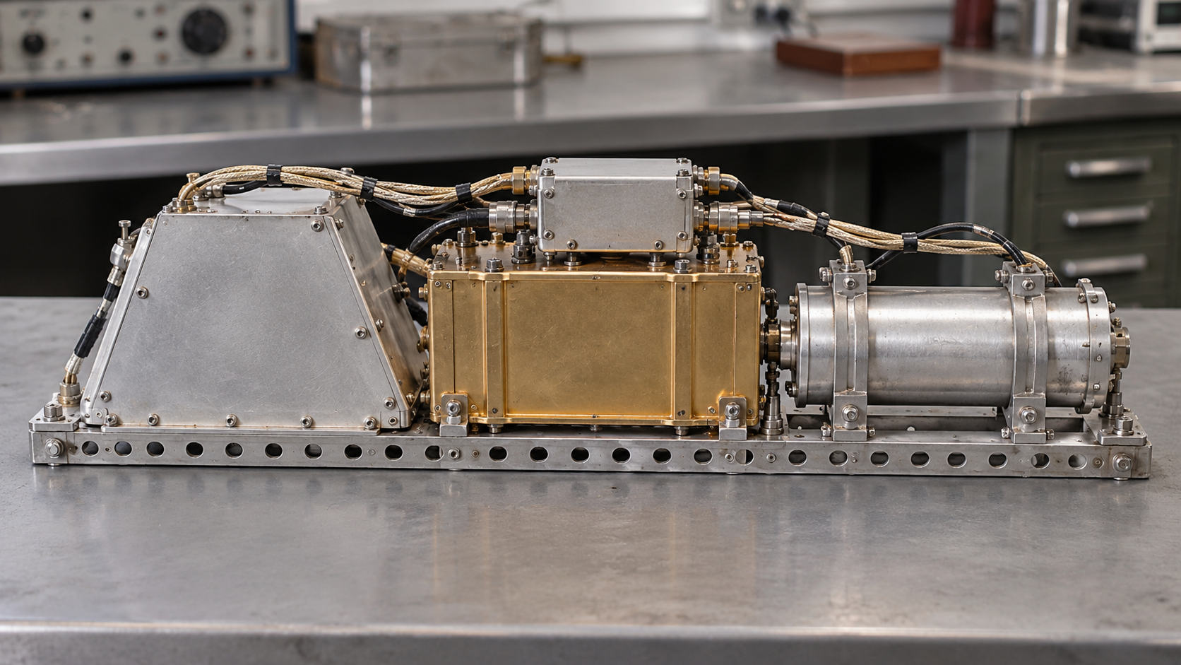 Historical reconstruction of SCORE backup-type communications electronics with metal housings and leads on a perforated mounting rail.