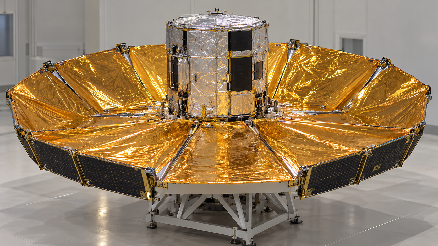 Historical reconstruction of Gaia ground-test hardware with a partially deployed gold sunshield and central silver module.