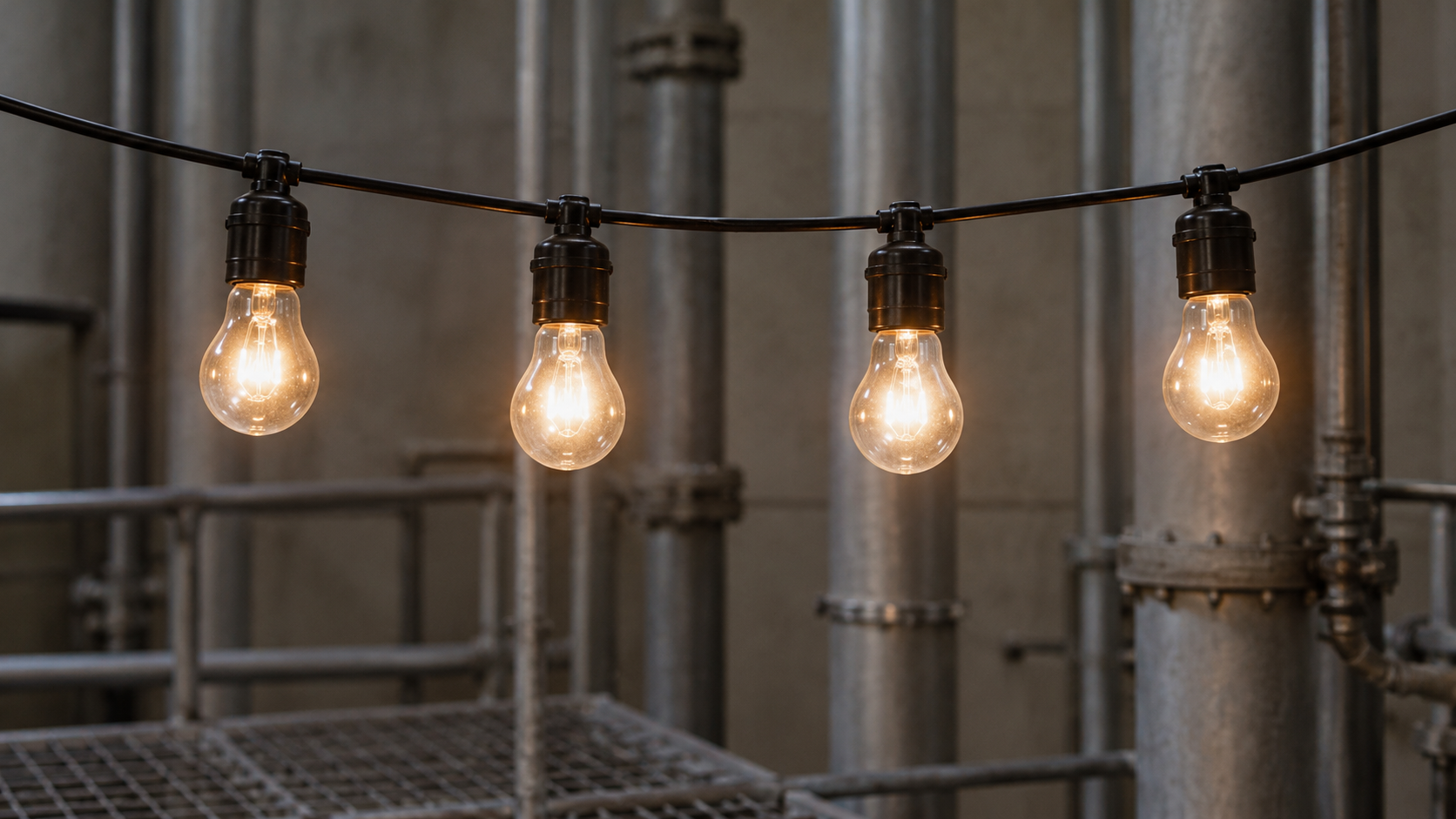 Historical reconstruction of four illuminated incandescent bulbs on a cord, representing the 1951 EBR-I electricity demonstration.