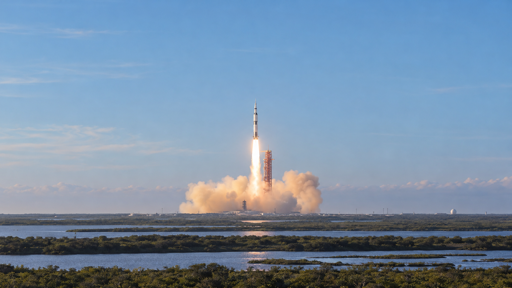 AI-generated historical reconstruction of a Saturn V lifting off for the Apollo 8 mission in 1968.