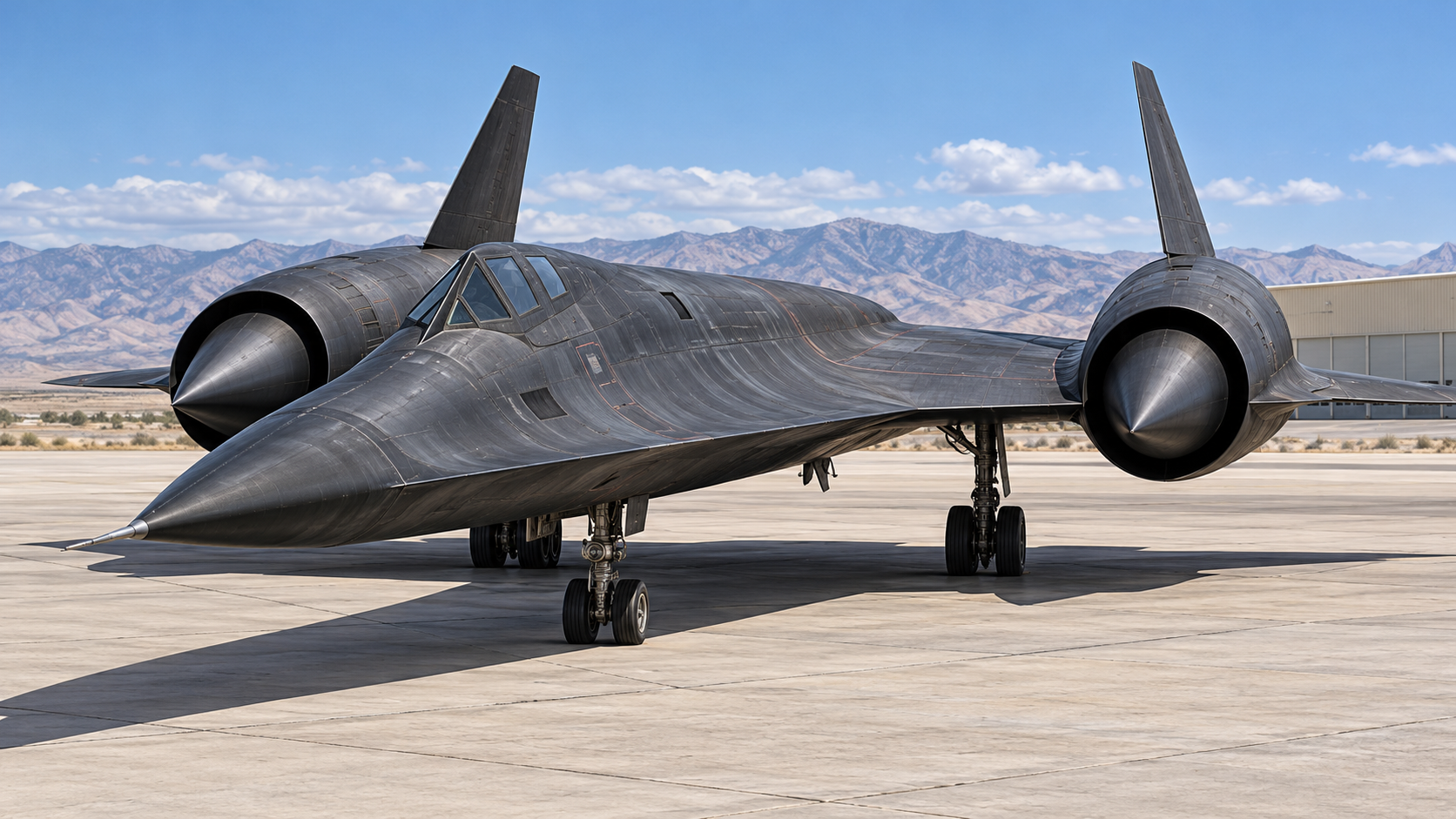 AI-generated historical reconstruction of the SR-71 design, showing its pointed nose and twin engine inlets on a runway apron.