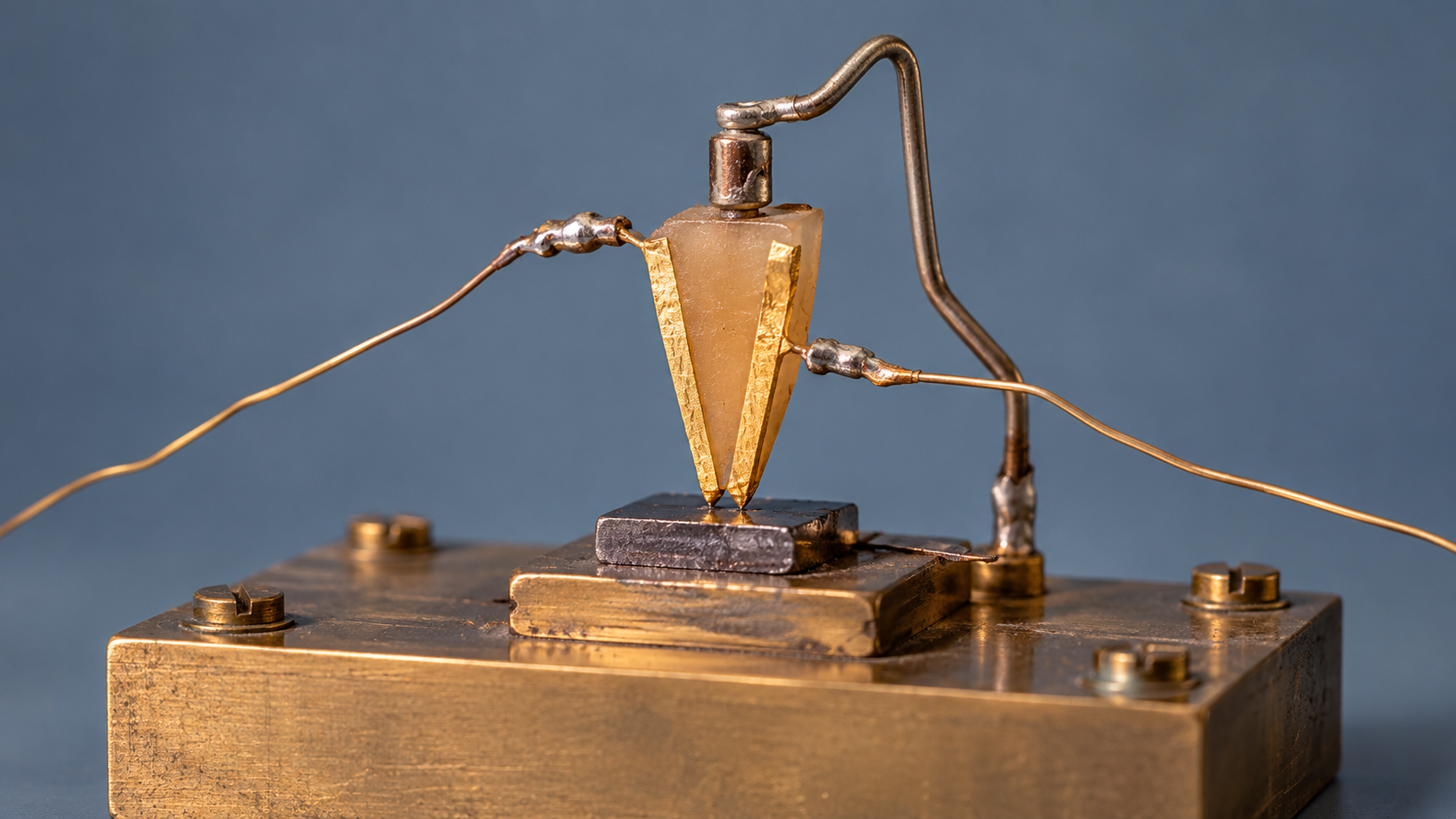 AI-generated historical reconstruction of a 1947 point-contact transistor with a gold-foil wedge touching germanium.