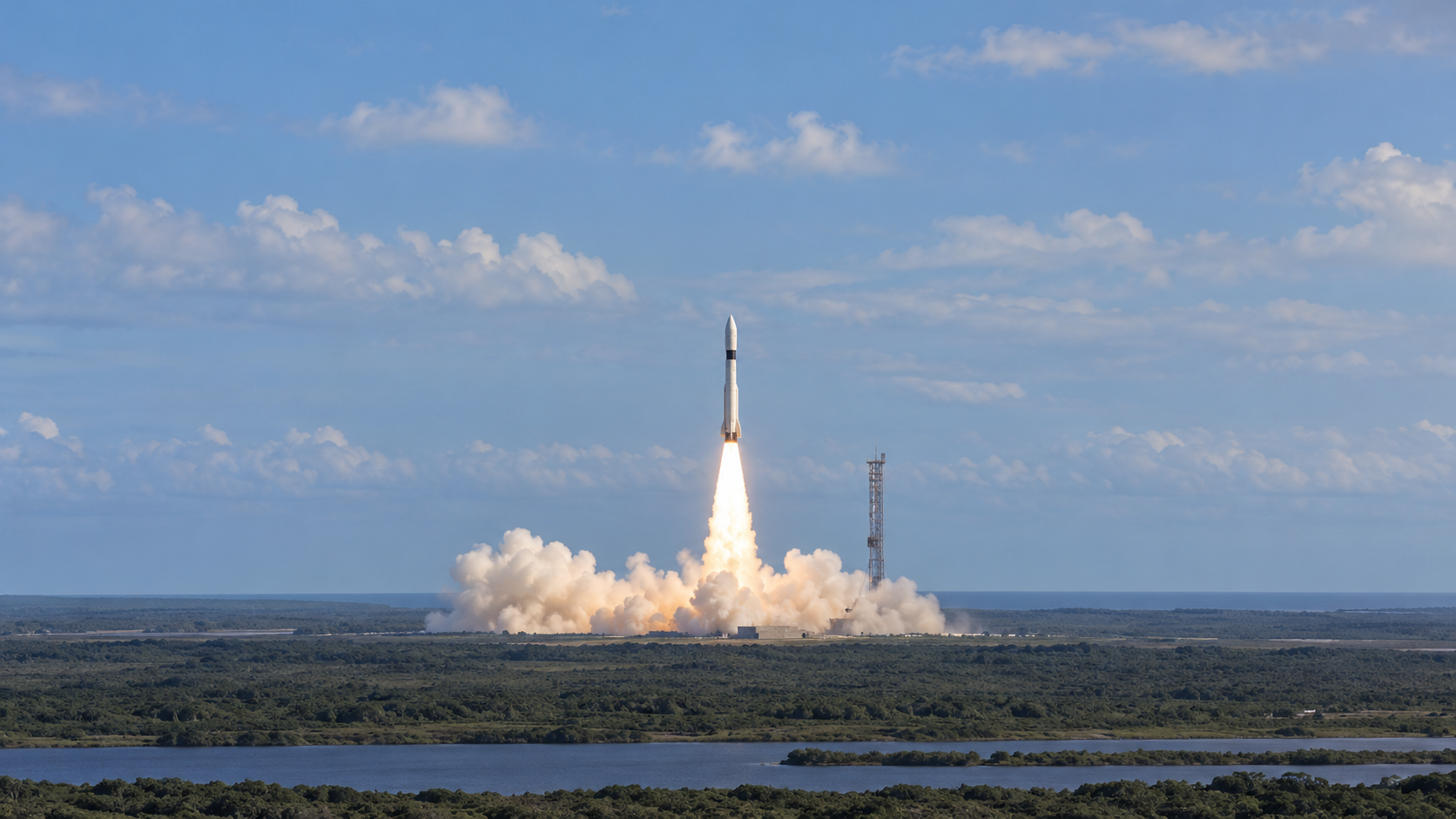 AI-generated historical reconstruction of the three-stage Ariane 1 launcher rising above its Kourou launch pad in 1979.