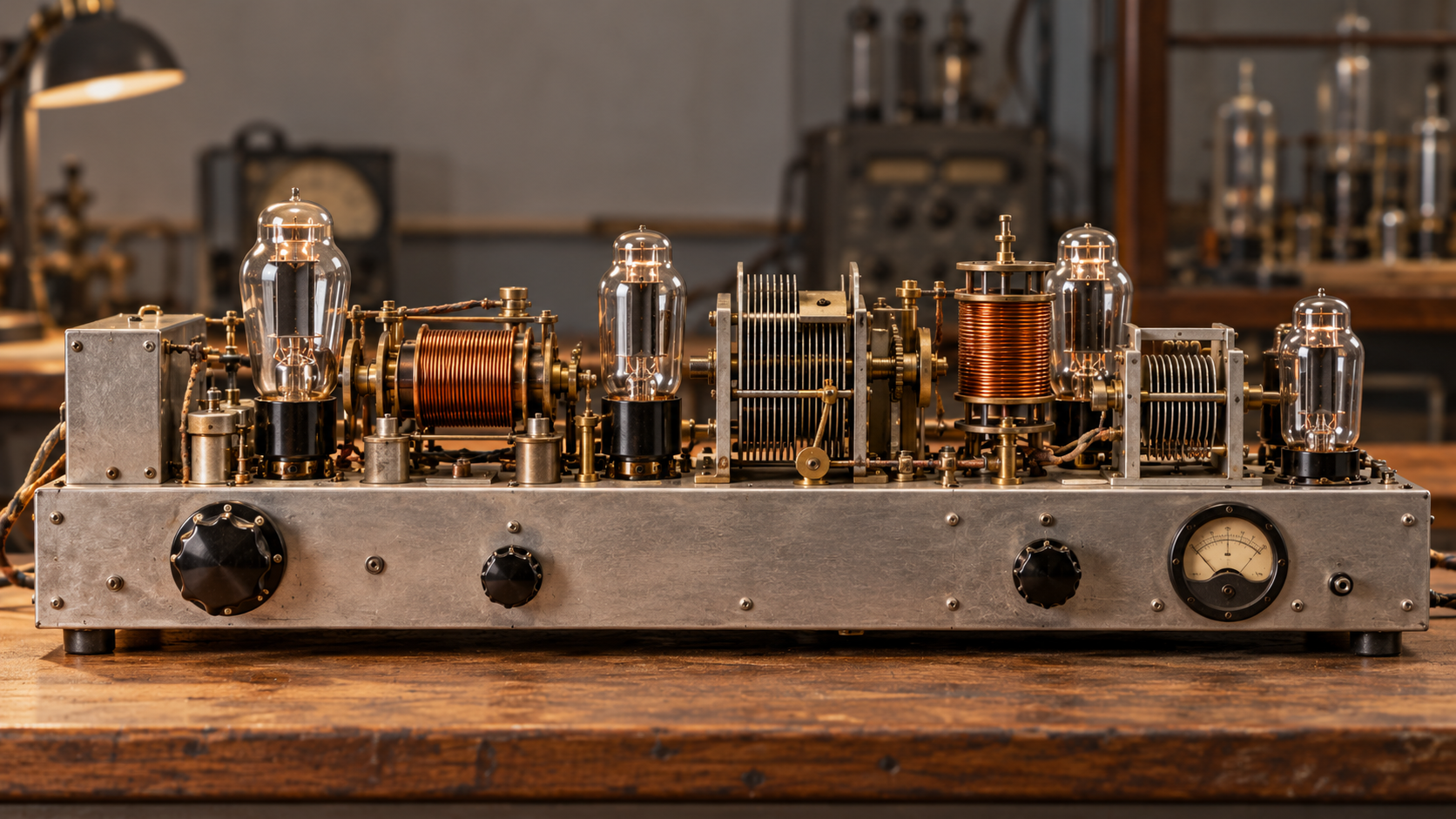 AI-generated historical reconstruction of early FM radio laboratory hardware inspired by Armstrong’s 1930s development work.