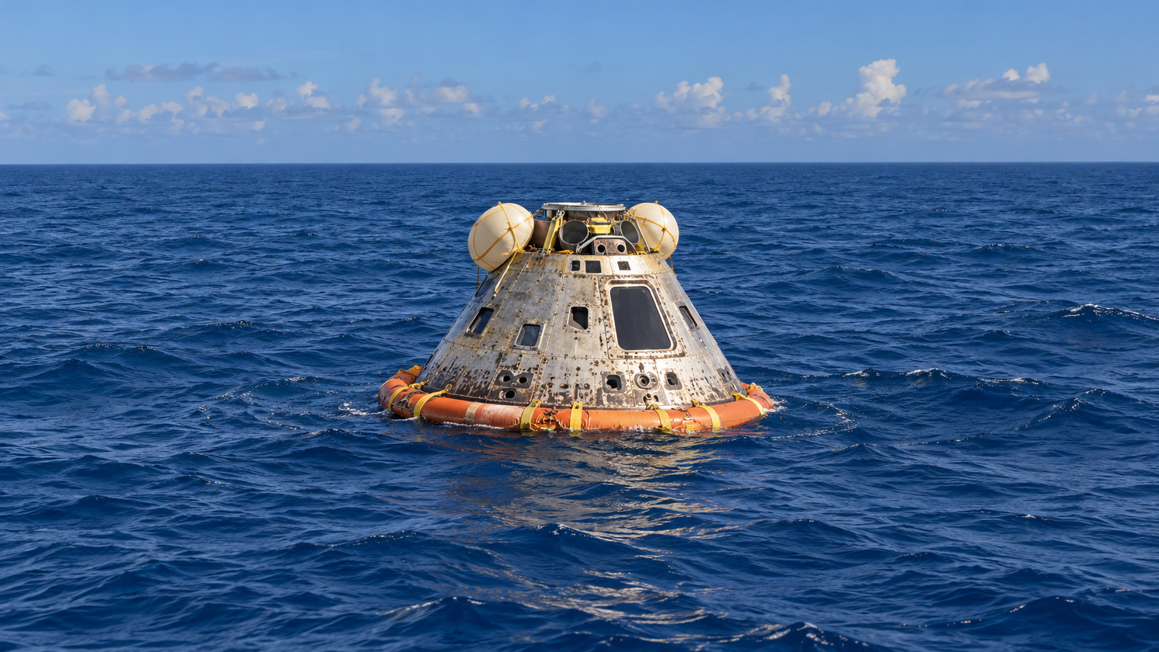 AI-generated historical reconstruction of Apollo 8’s command module afloat after its 1968 Pacific return.