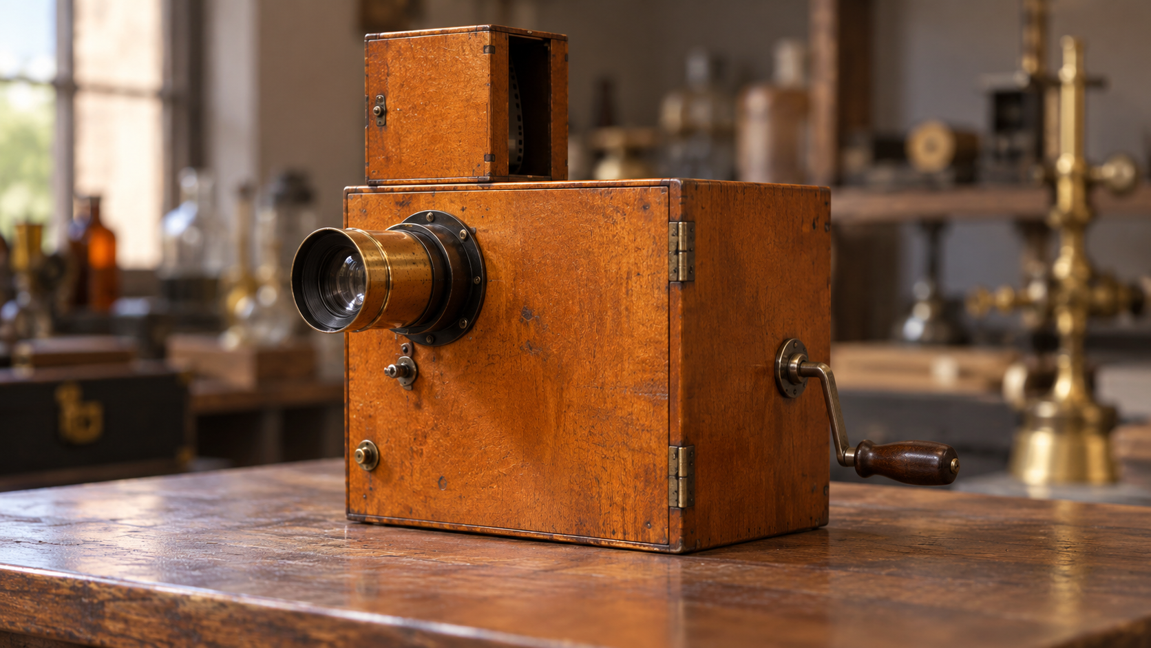 AI-generated historical reconstruction of an early Lumière Cinématographe camera mechanism with wooden housing, brass lens, and hand crank.