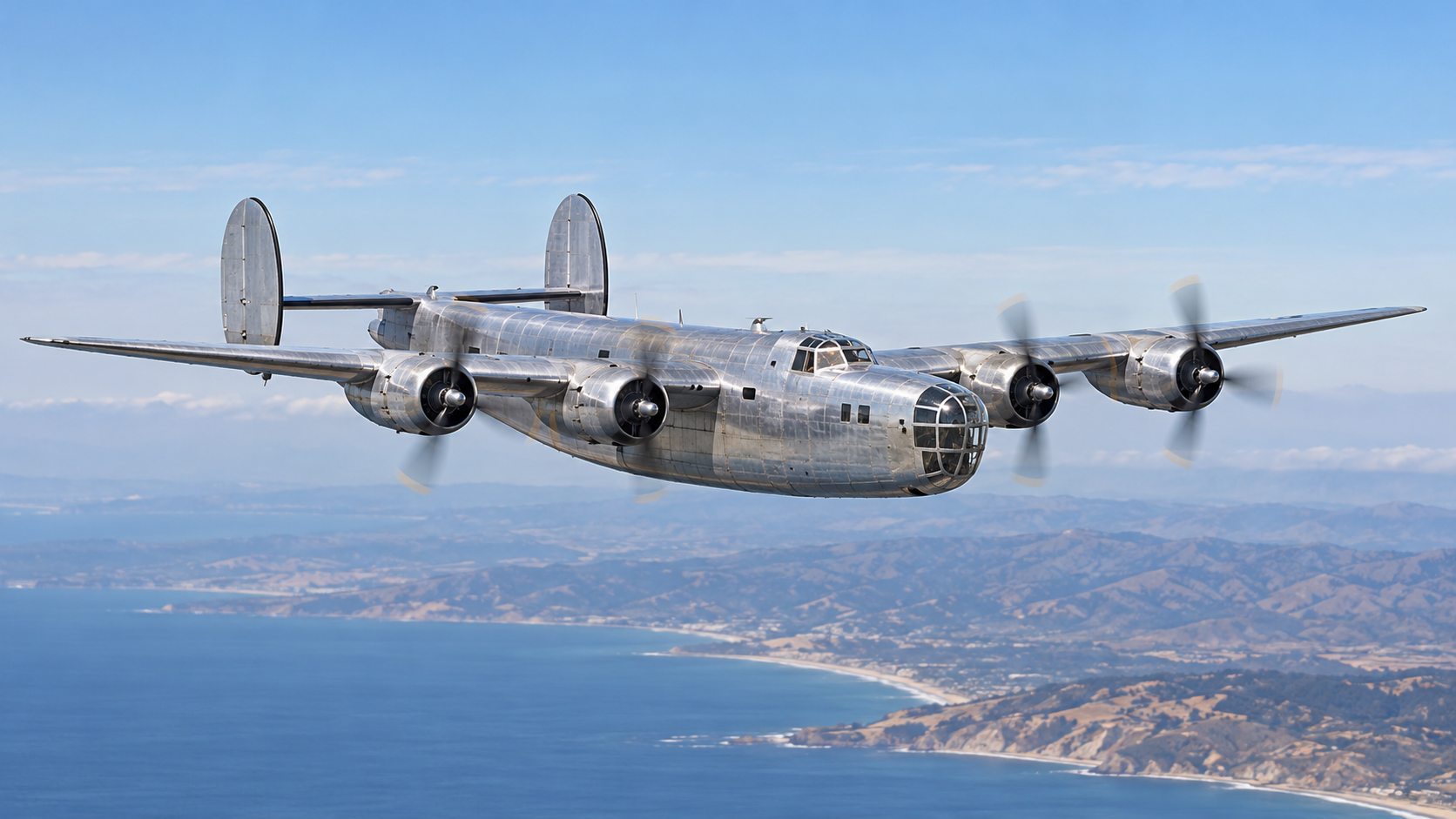 AI-generated historical reconstruction of the XB-24 prototype design with four radial engines, a high wing, and twin tail fins.