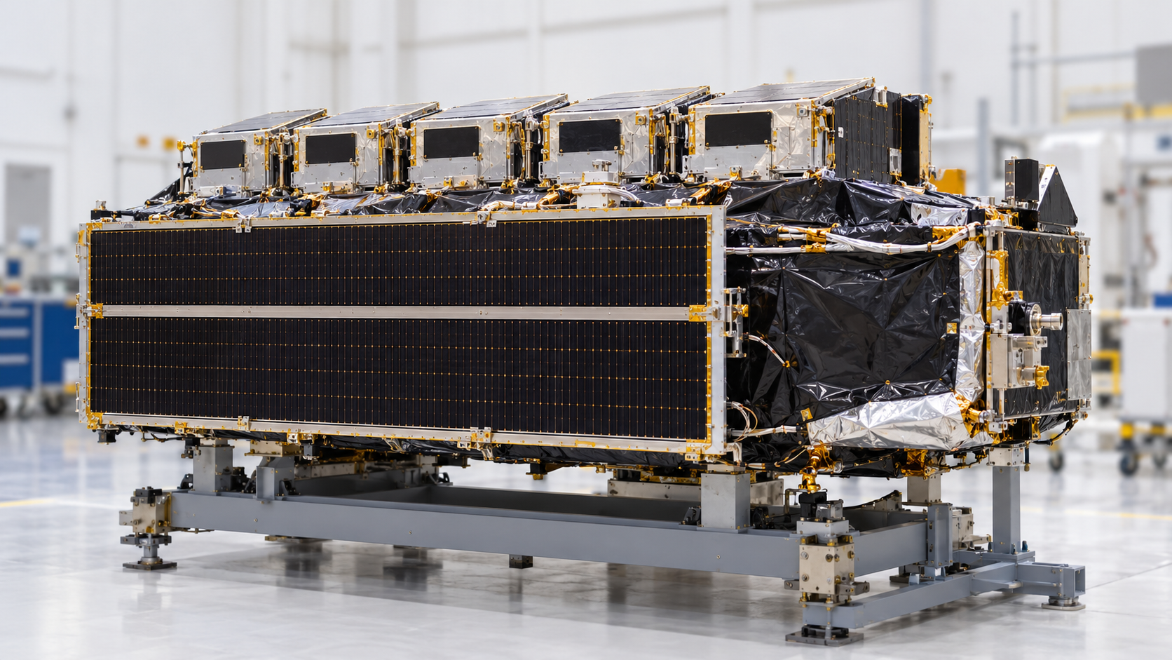 AI-generated historical reconstruction of RXTE spacecraft hardware during prelaunch preparation in 1995.