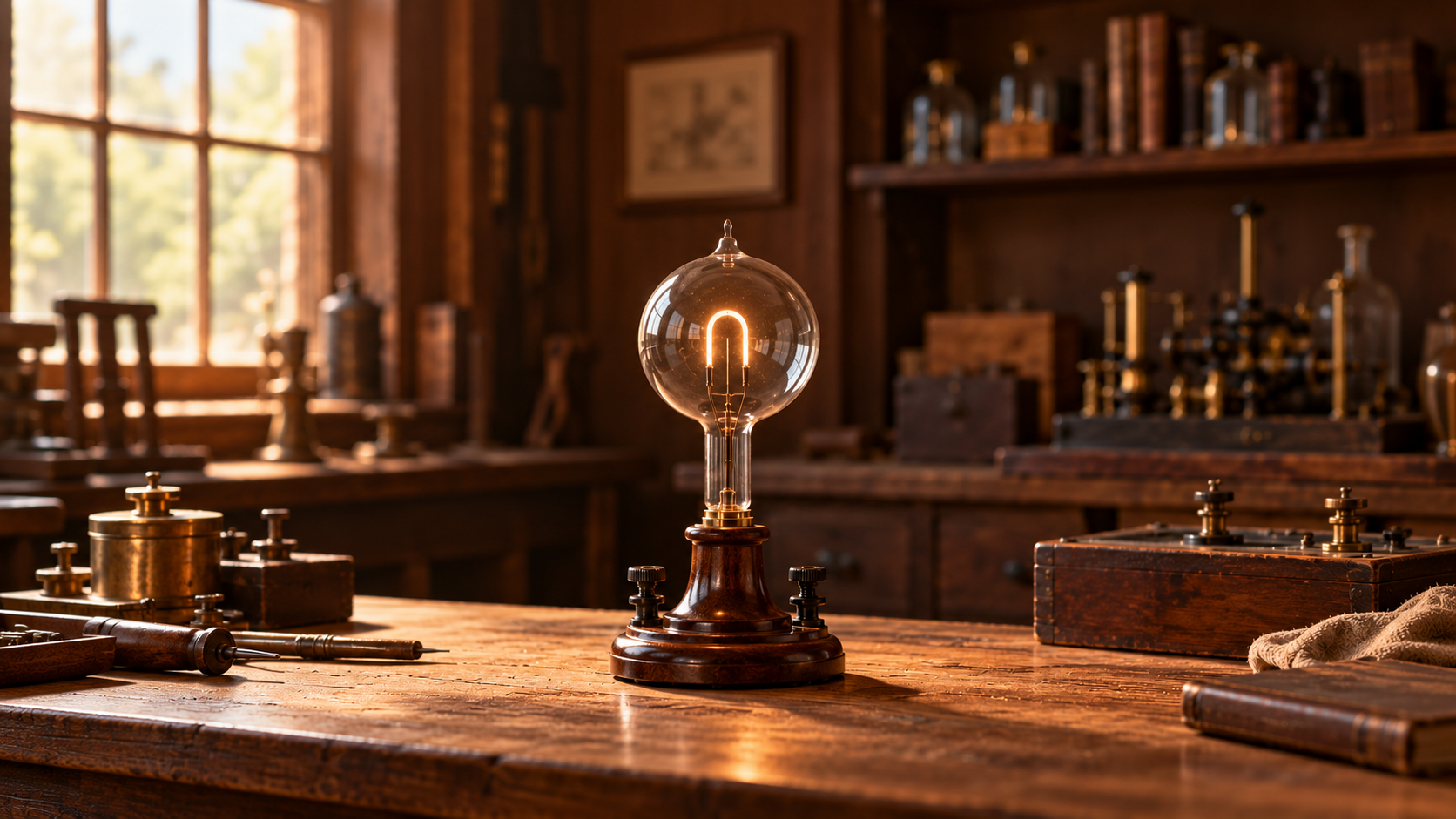 AI-generated historical reconstruction of an 1879 carbon-filament incandescent lamp on an early wooden holder.