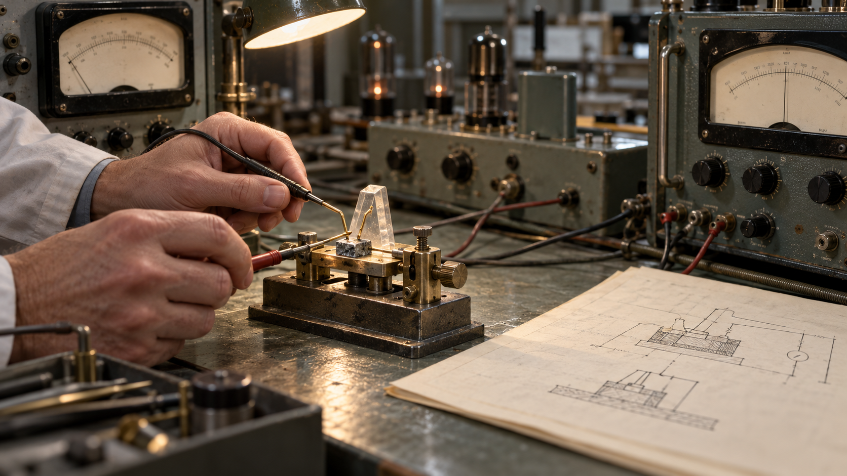 Historical reconstruction of a point-contact transistor beside patent drawings in a 1950 electronics laboratory
