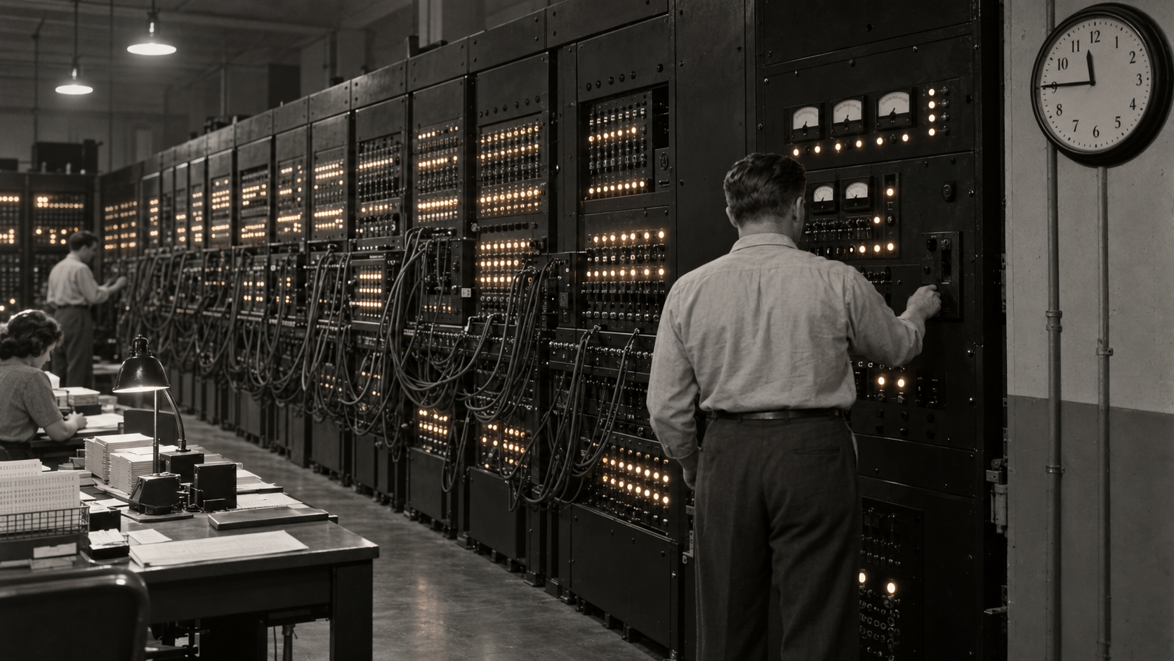 Historical reconstruction of technicians powering down ENIAC at Aberdeen Proving Ground in 1955