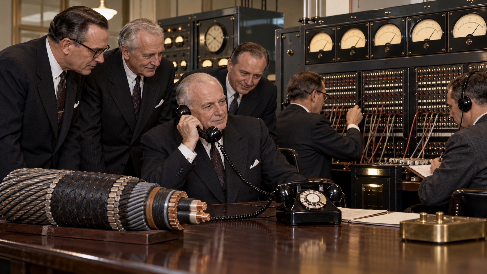 Historical reconstruction of officials using the TAT-1 transatlantic telephone cable in 1956