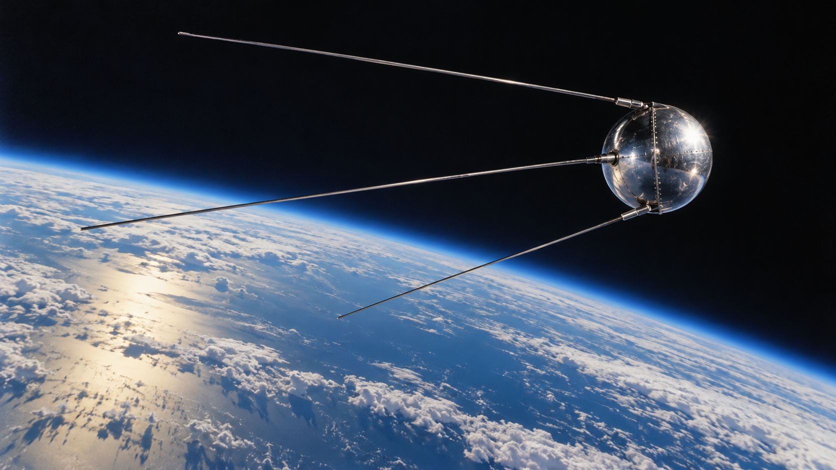 Historical reconstruction of Sputnik 1 with four antennas orbiting above Earth in 1957