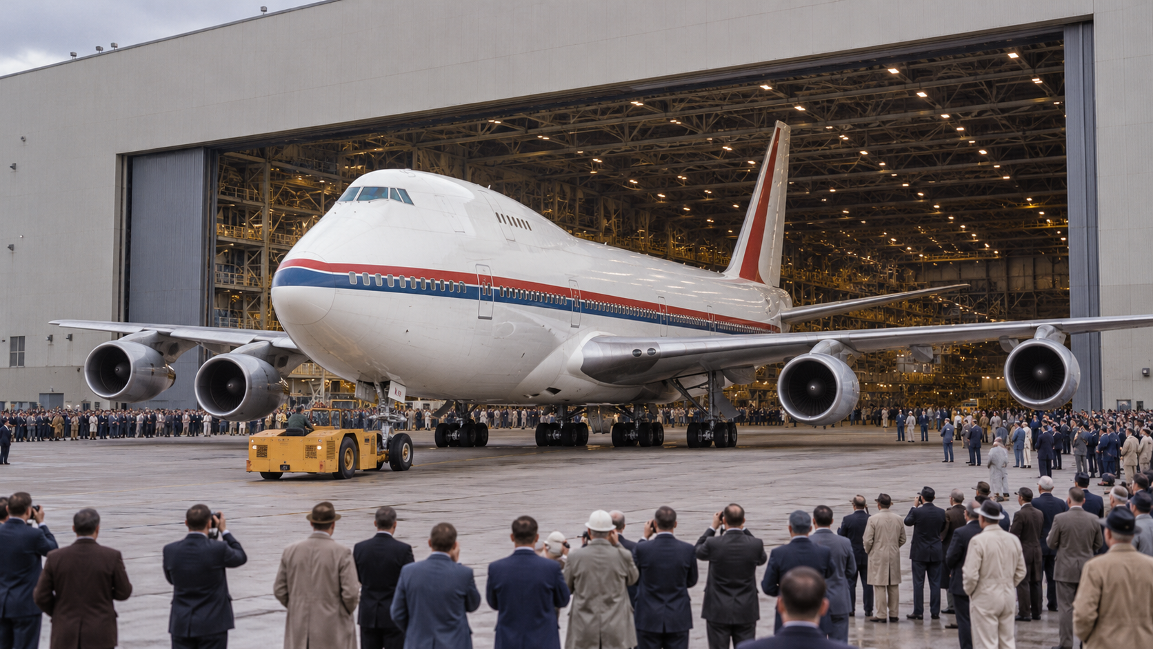 Historical reconstruction of the first Boeing 747 rolling out of its Everett factory in 1968