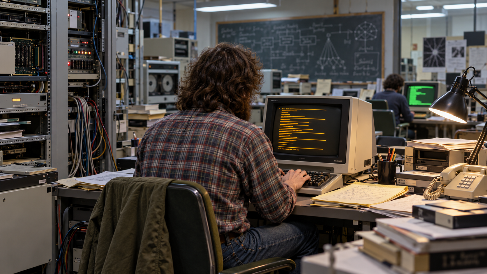 Historical reconstruction of a programmer announcing the GNU Project from an early 1980s computer lab