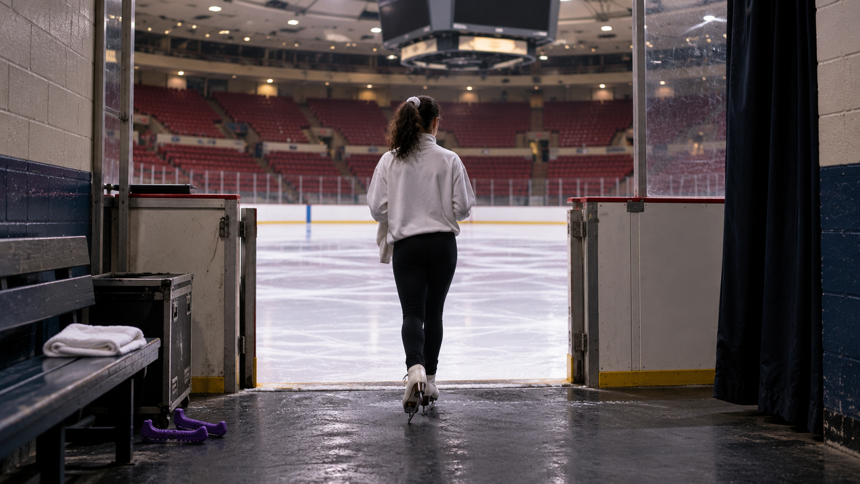 AI reconstruction of a figure skater leaving practice at Detroit’s Cobo Arena in 1994