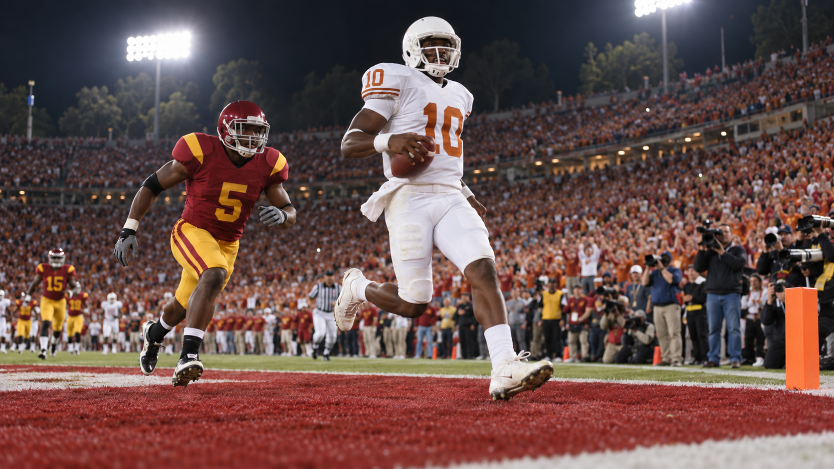 AI reconstruction of Texas quarterback number 10 scoring in the 2006 Rose Bowl