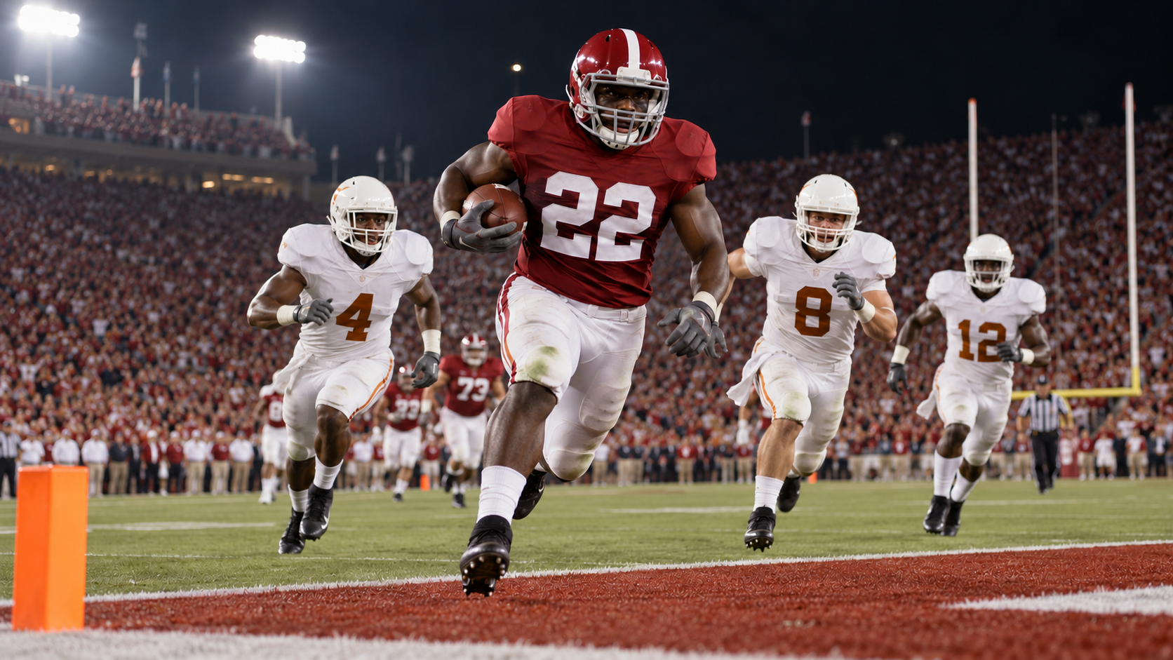 AI reconstruction of Alabama runner number 22 scoring in the 2010 BCS title game