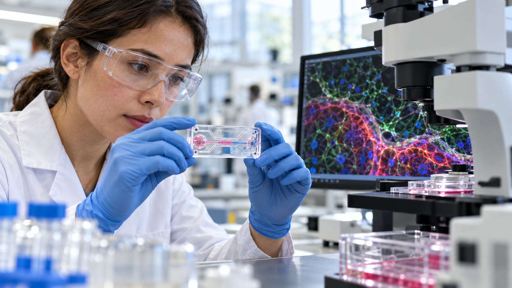 Organ-on-a-Chip Systems concept illustrated in a photorealistic editorial healthcare scene.