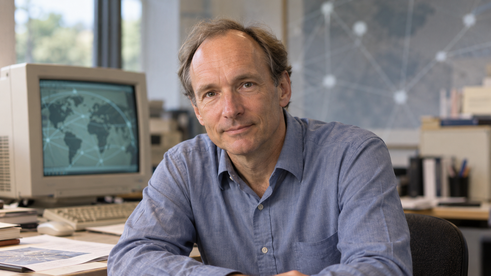 AI-generated editorial portrait of Tim Berners-Lee in a late-1990s web standards workspace