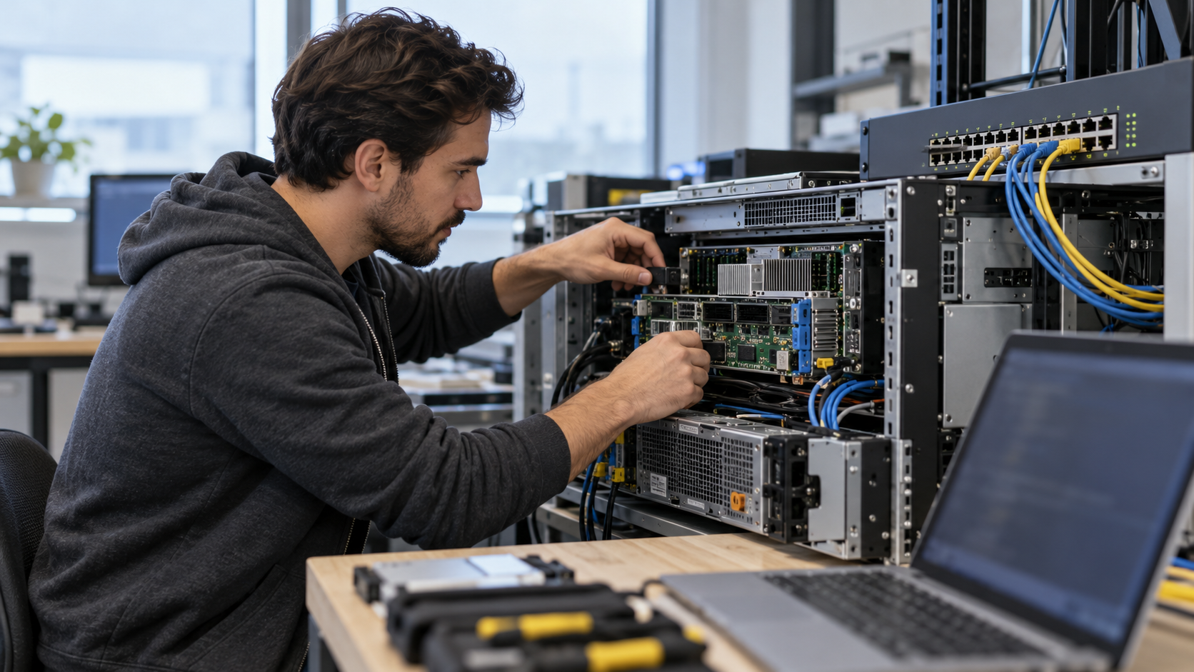 Network engineer inspecting a Linux server and its connected network hardware