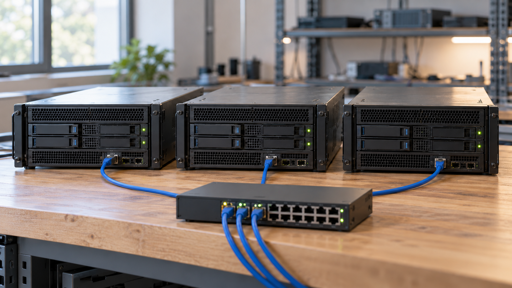 Three compact servers connected through a network switch in a distributed cluster