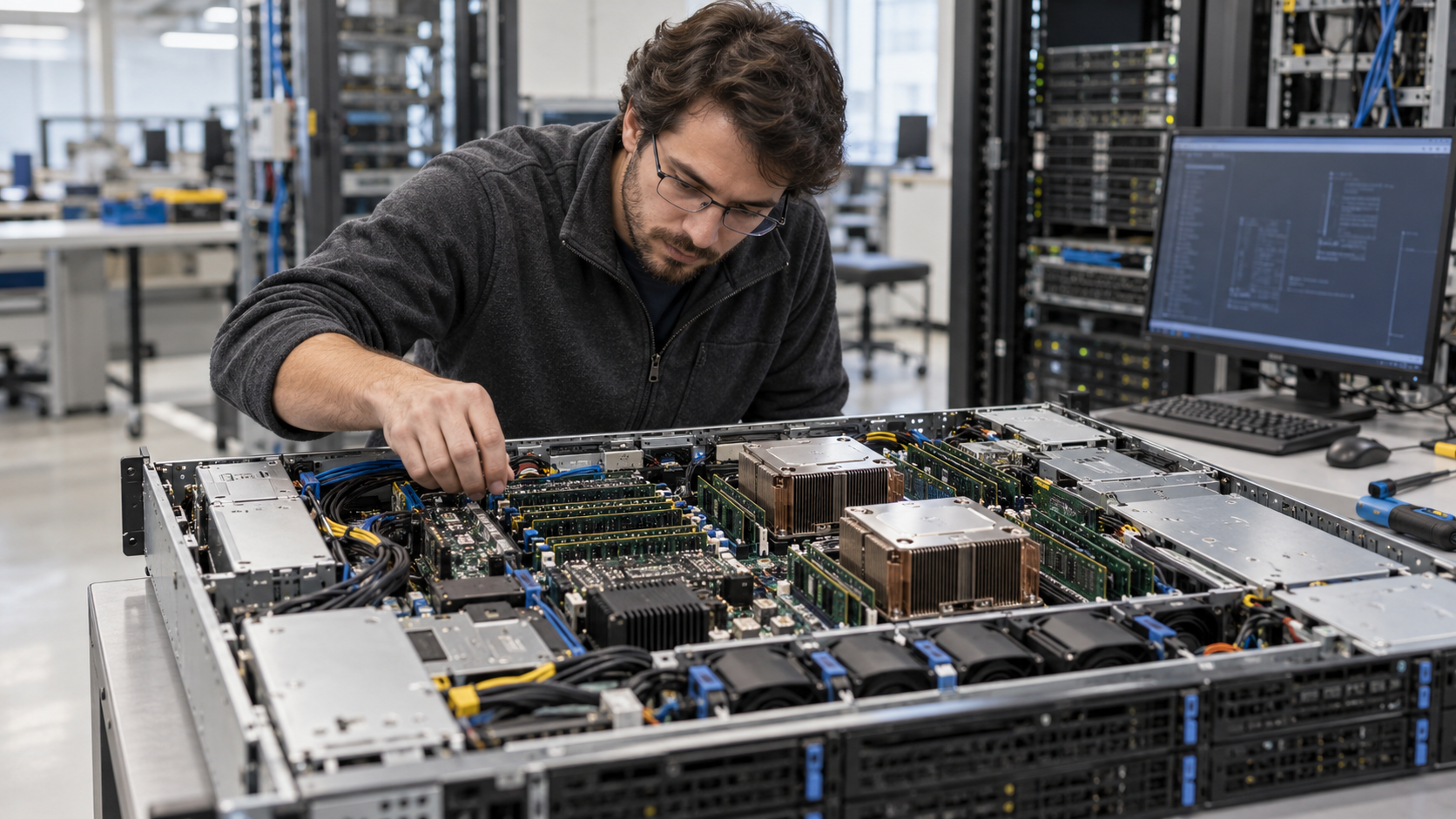 Linux systems engineer examining a multi-processor server at a workstation
