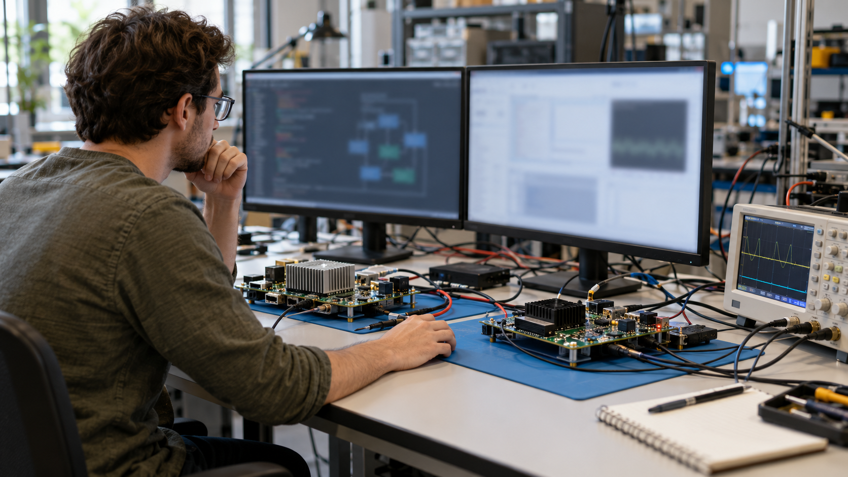 Engineer testing two different processor boards beside a development workstation