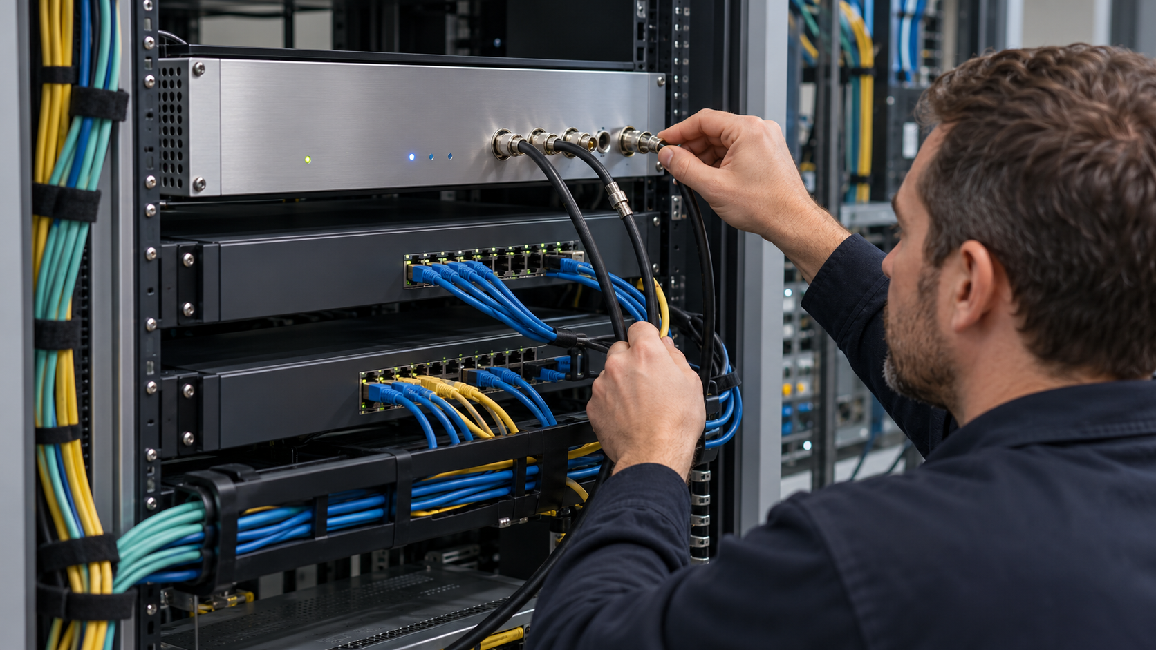 Network timing rack with a grandmaster clock, switches, and connected test equipment