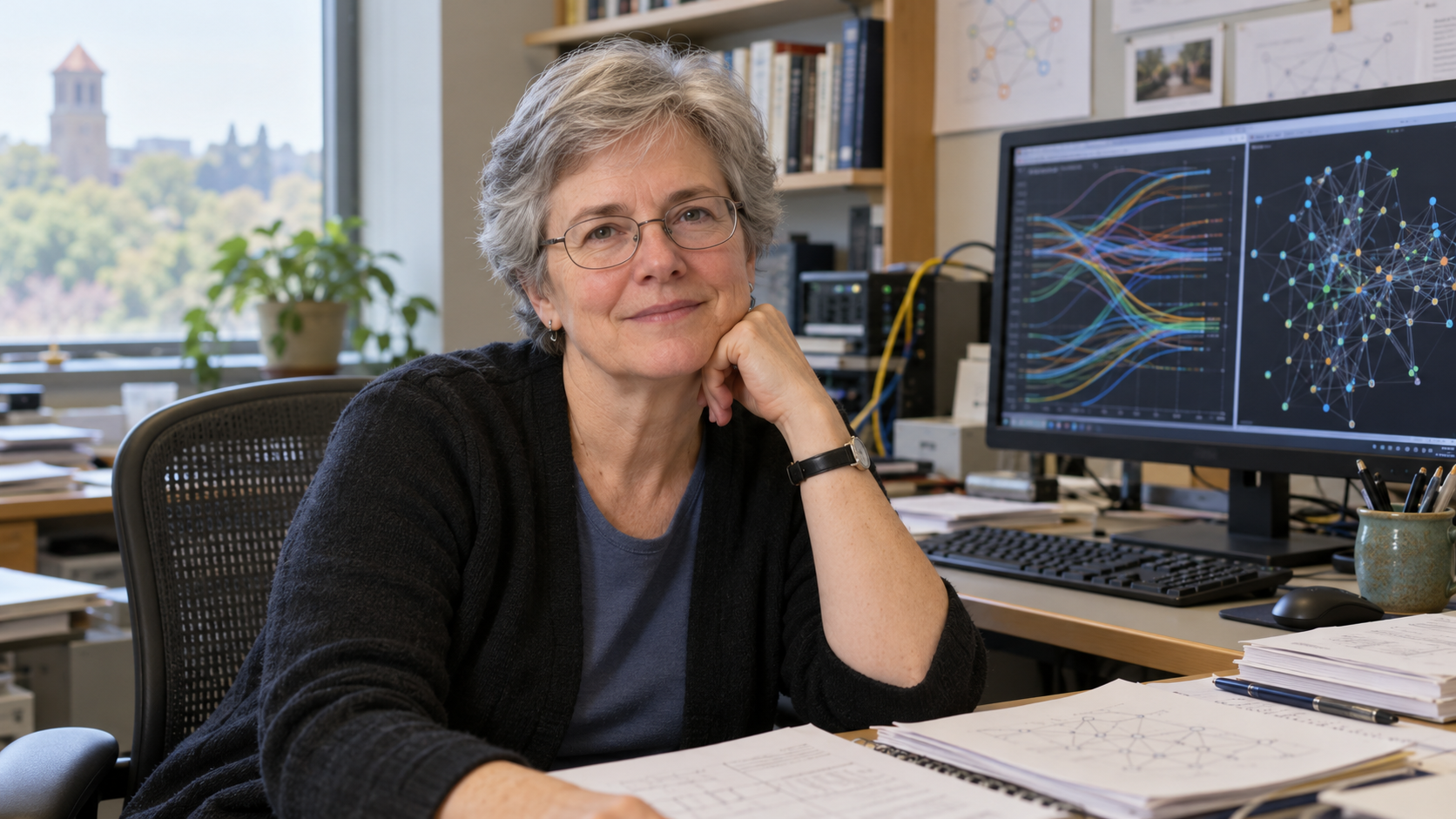 Sally Floyd in an early-2000s networking research office