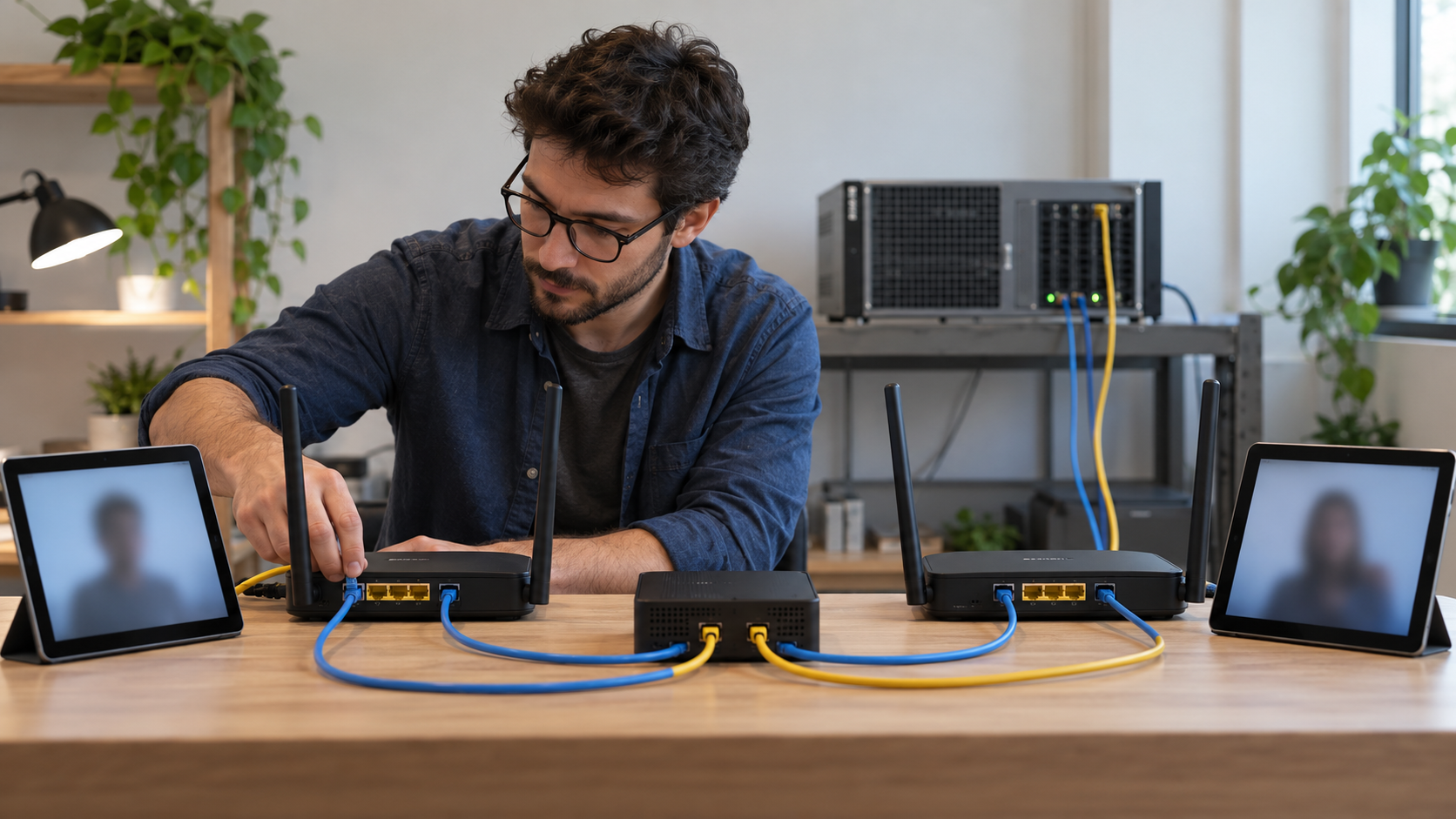 Network engineer testing two routers and video-call devices on a workbench
