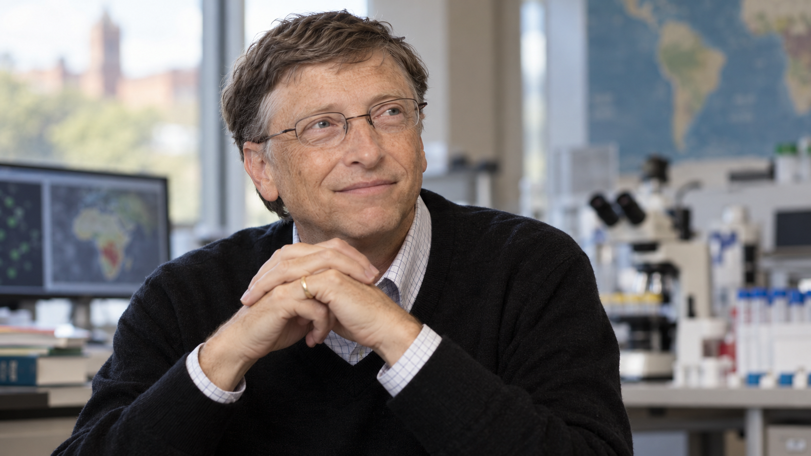 AI-generated realistic editorial recreation of Bill Gates delivering a university commencement address