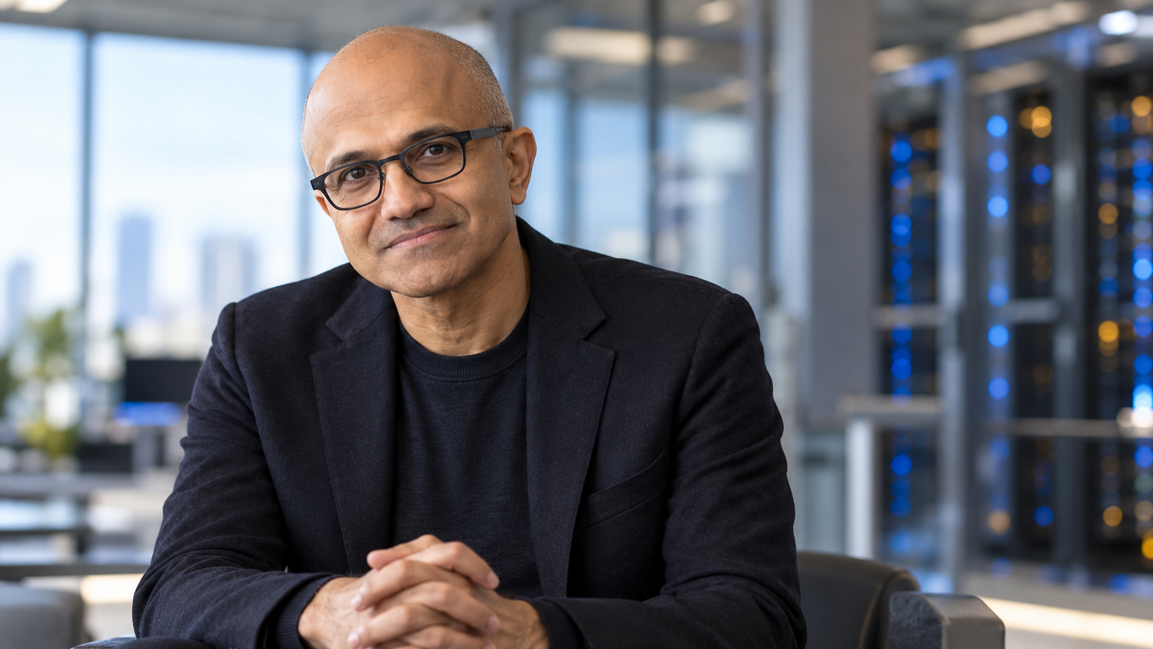 AI-generated realistic editorial recreation of Satya Nadella in a modern technology workplace