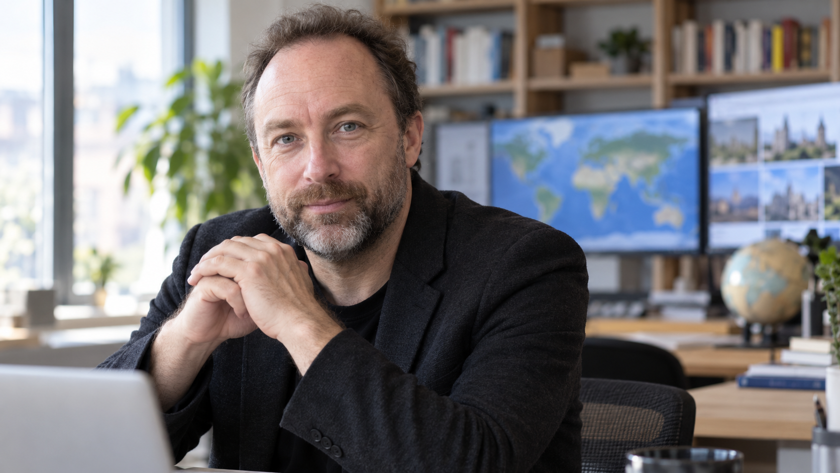 AI-generated realistic editorial recreation of Jimmy Wales in an open collaborative technology setting