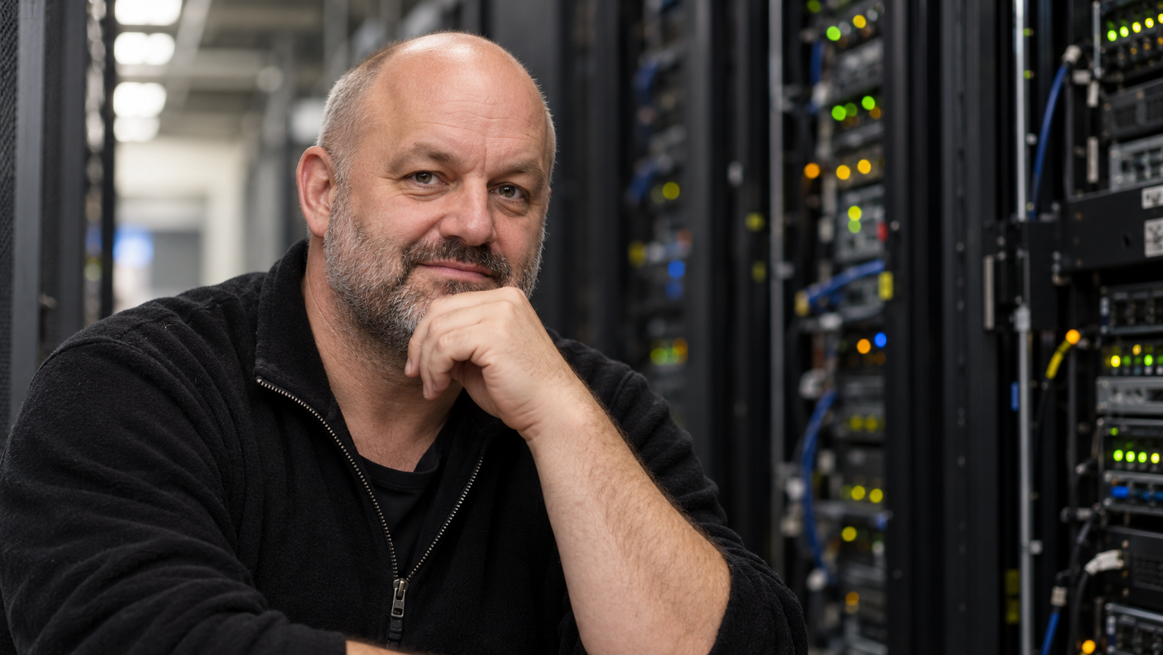 AI-generated realistic editorial recreation of Werner Vogels in a cloud computing operations center