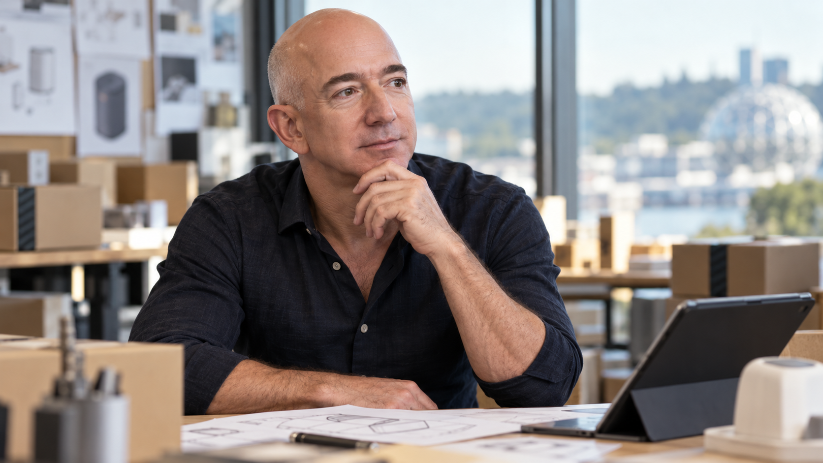 AI-generated realistic editorial recreation of Jeff Bezos reviewing a business decision in a technology office
