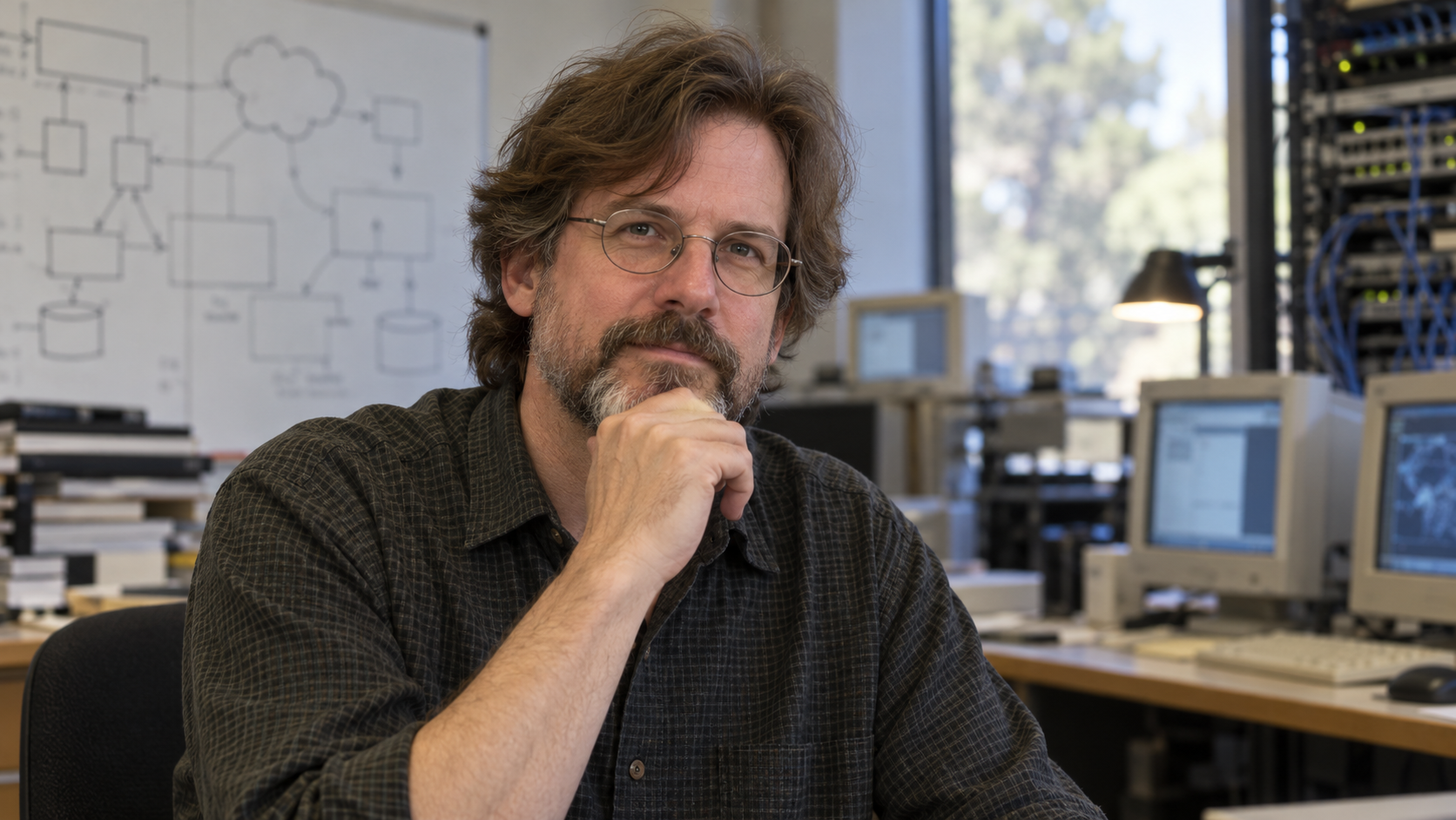 AI-generated realistic editorial recreation of Roy Fielding studying a network architecture diagram