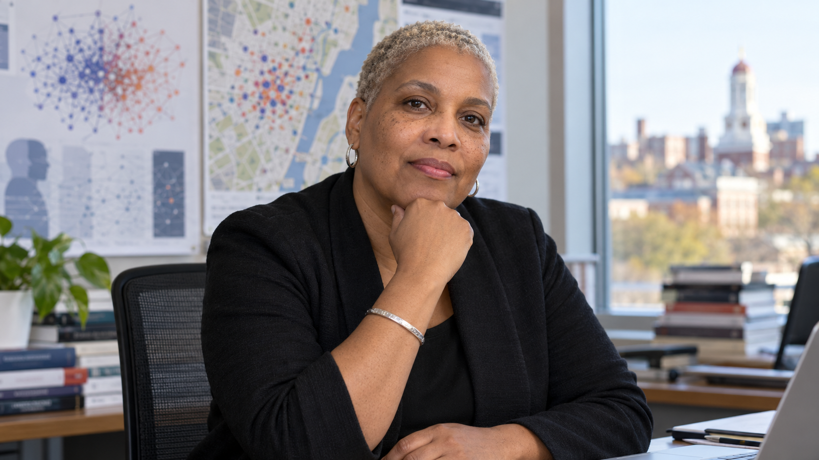 AI-generated realistic editorial recreation of Latanya Sweeney presenting research on technology and public policy