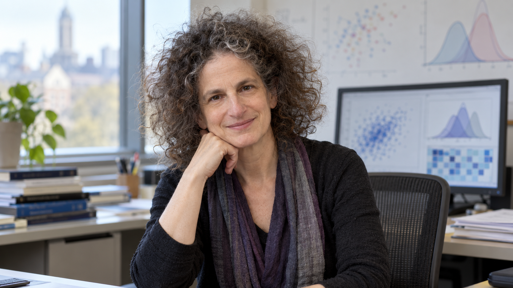 AI-generated realistic editorial recreation of Cynthia Dwork discussing mathematical data privacy