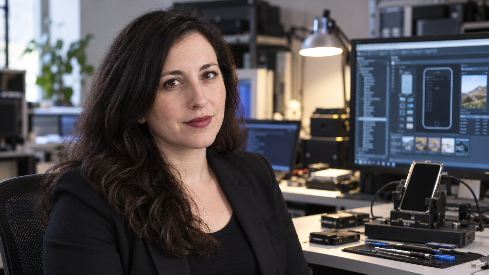 AI-generated realistic editorial portrait of Eva Galperin in a technology-focused setting