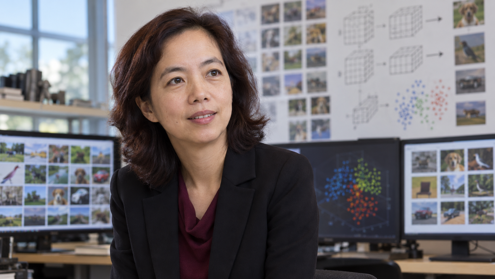AI-generated realistic editorial portrait of Fei-Fei Li in a technology-focused setting