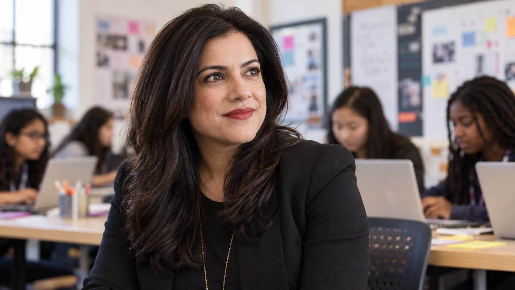 AI-generated realistic editorial portrait of Reshma Saujani in a technology-focused setting