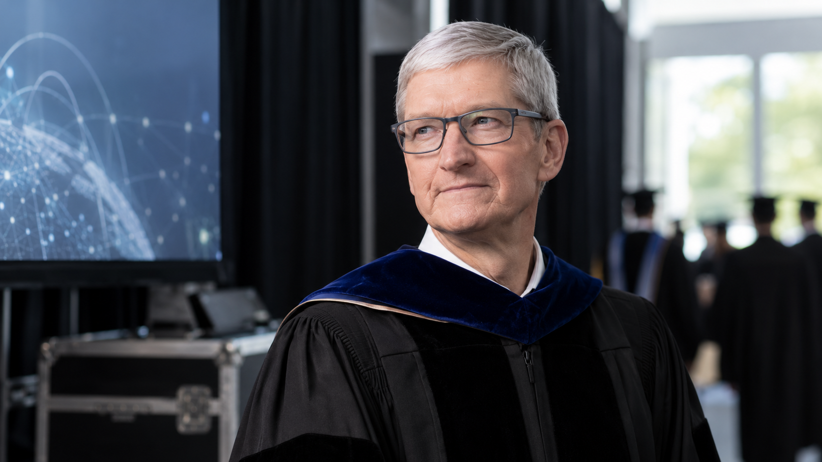 AI-generated realistic editorial portrait of Tim Cook in a technology-focused setting