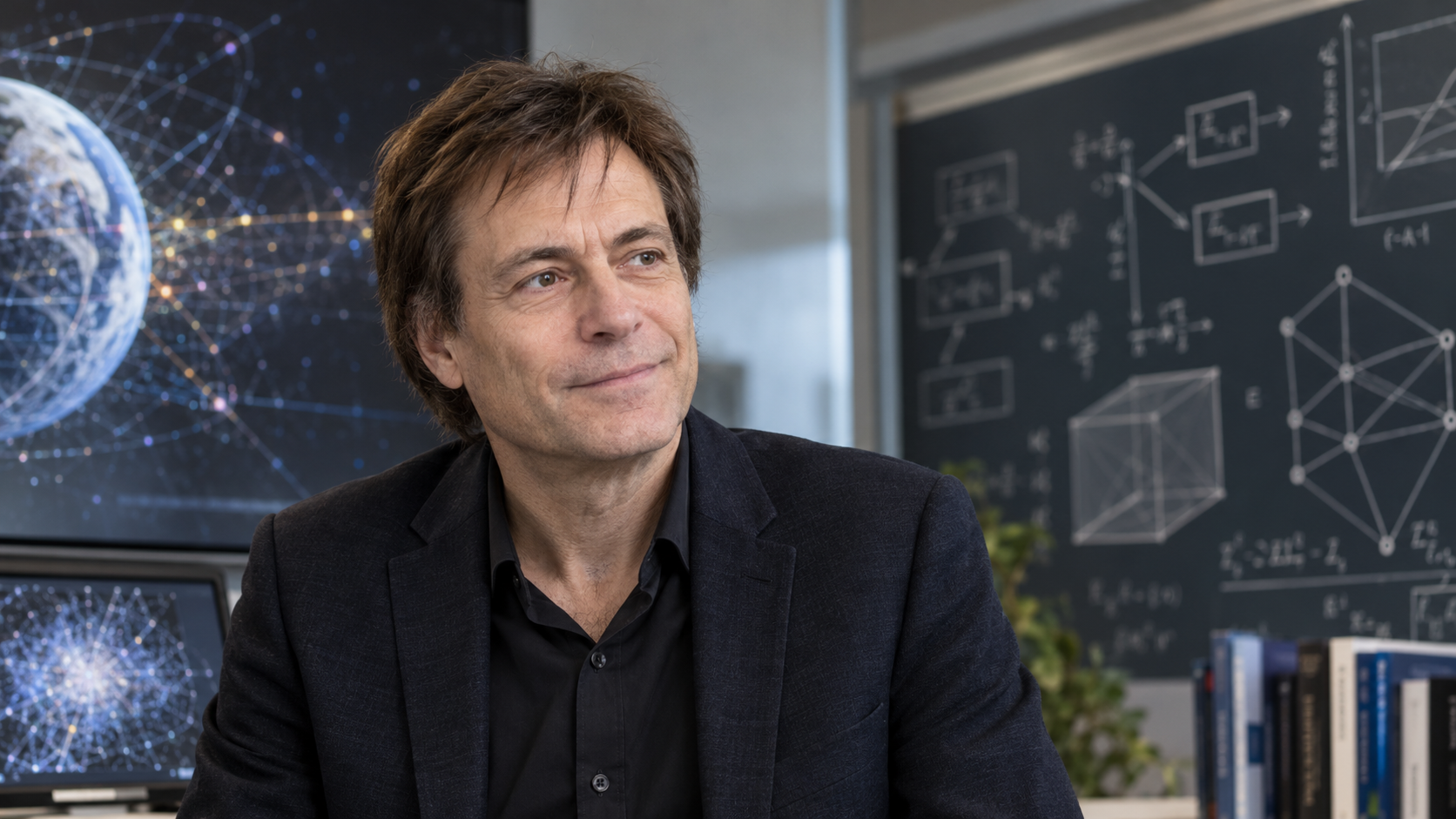 AI-generated realistic editorial portrait of Max Tegmark in a technology-focused setting