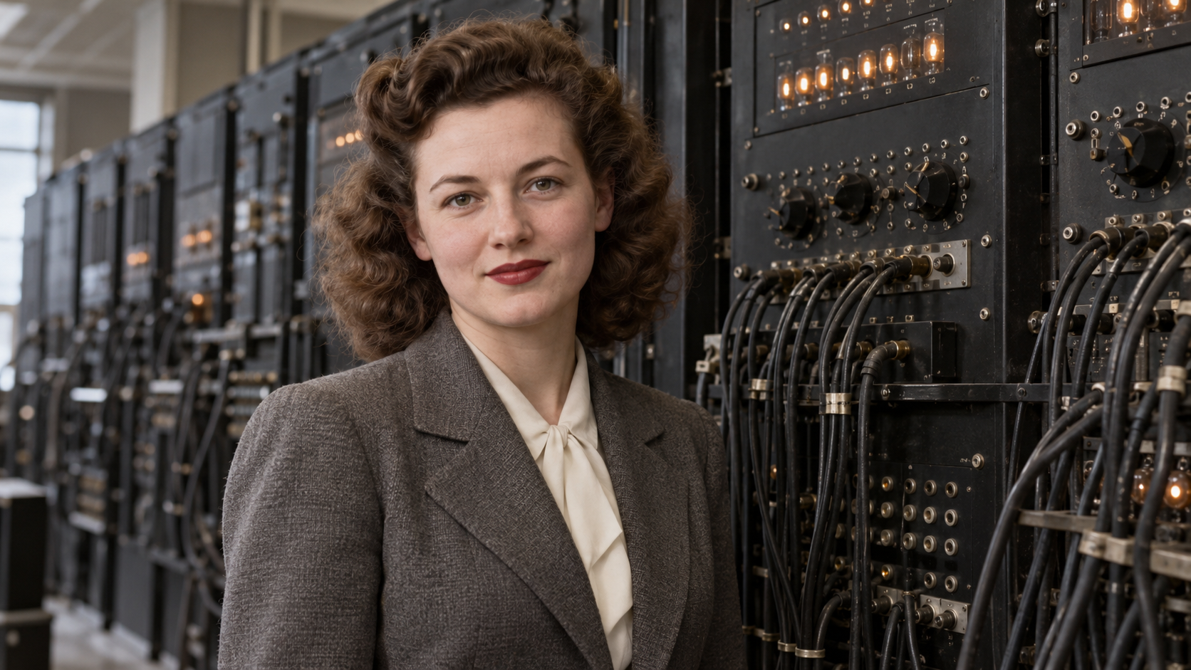 AI-generated realistic editorial portrait of Jean Jennings Bartik in a technology-focused setting