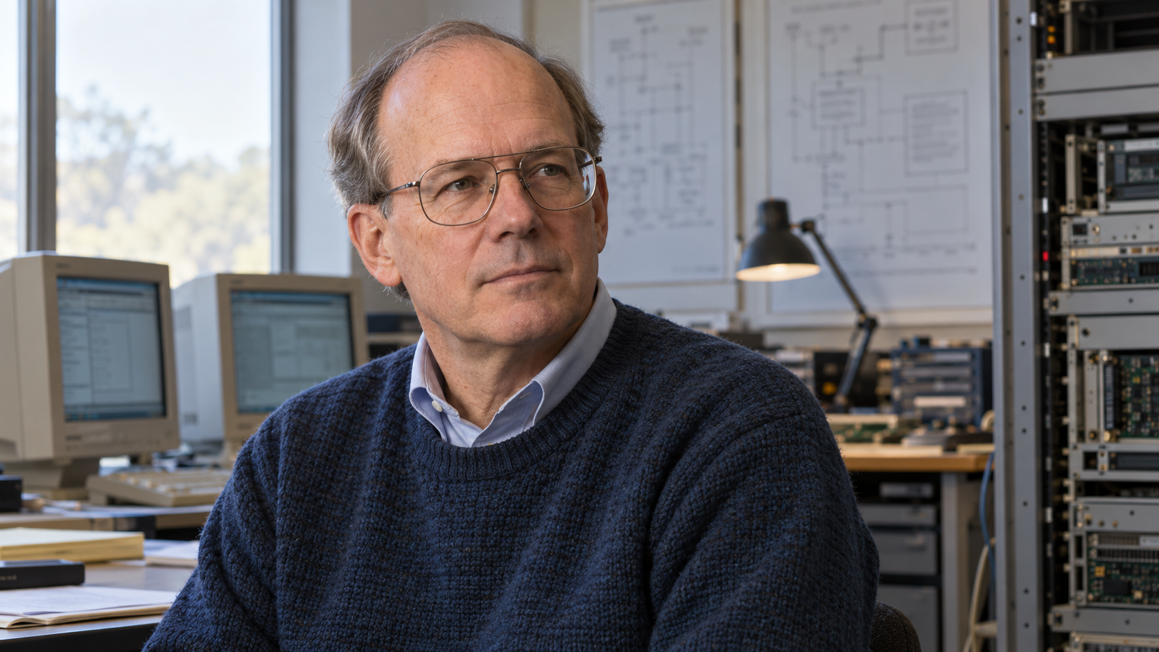 AI-generated realistic editorial portrait of David Cutler in a technology-focused setting